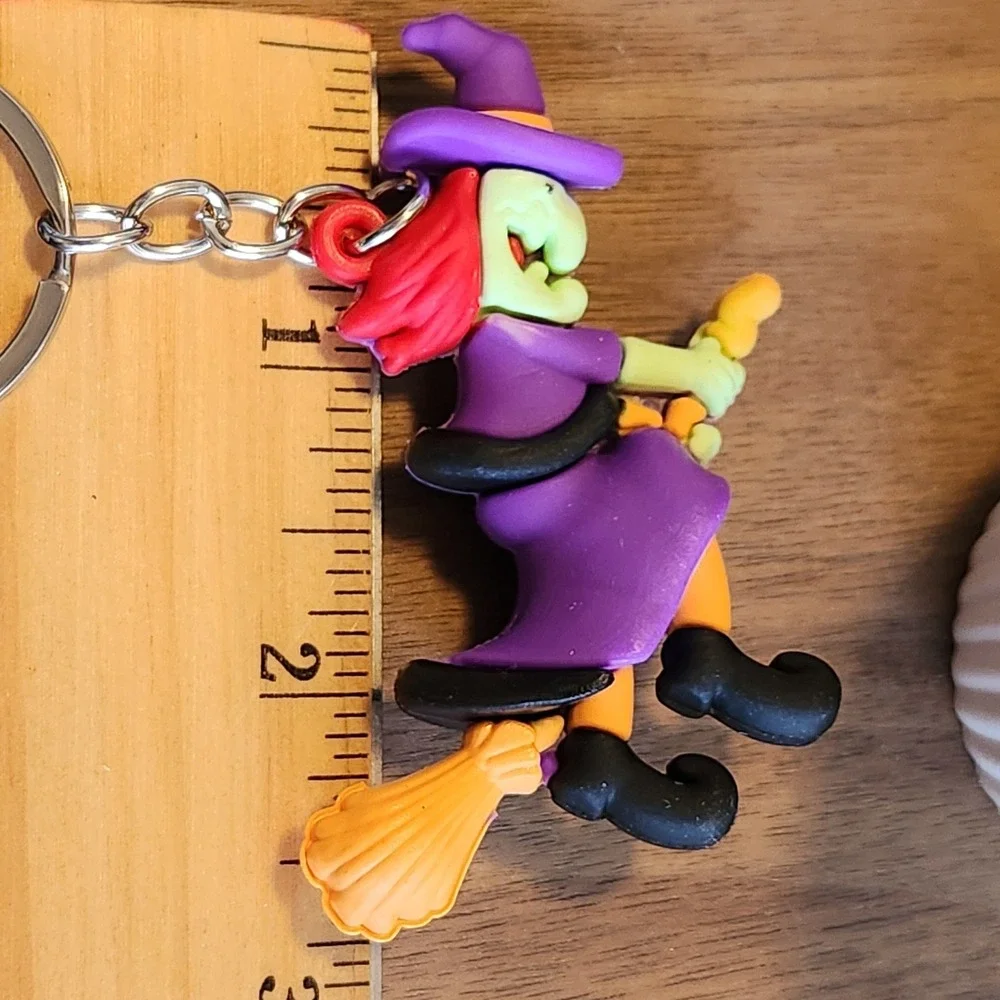 Vintage Style Halloween Witch on Broomstick Keychain Purple Green 2.75